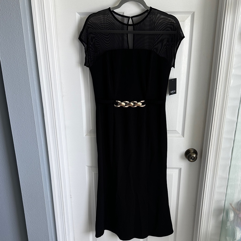 MARINA Black Midi Dress with Gold Chain Accent Small